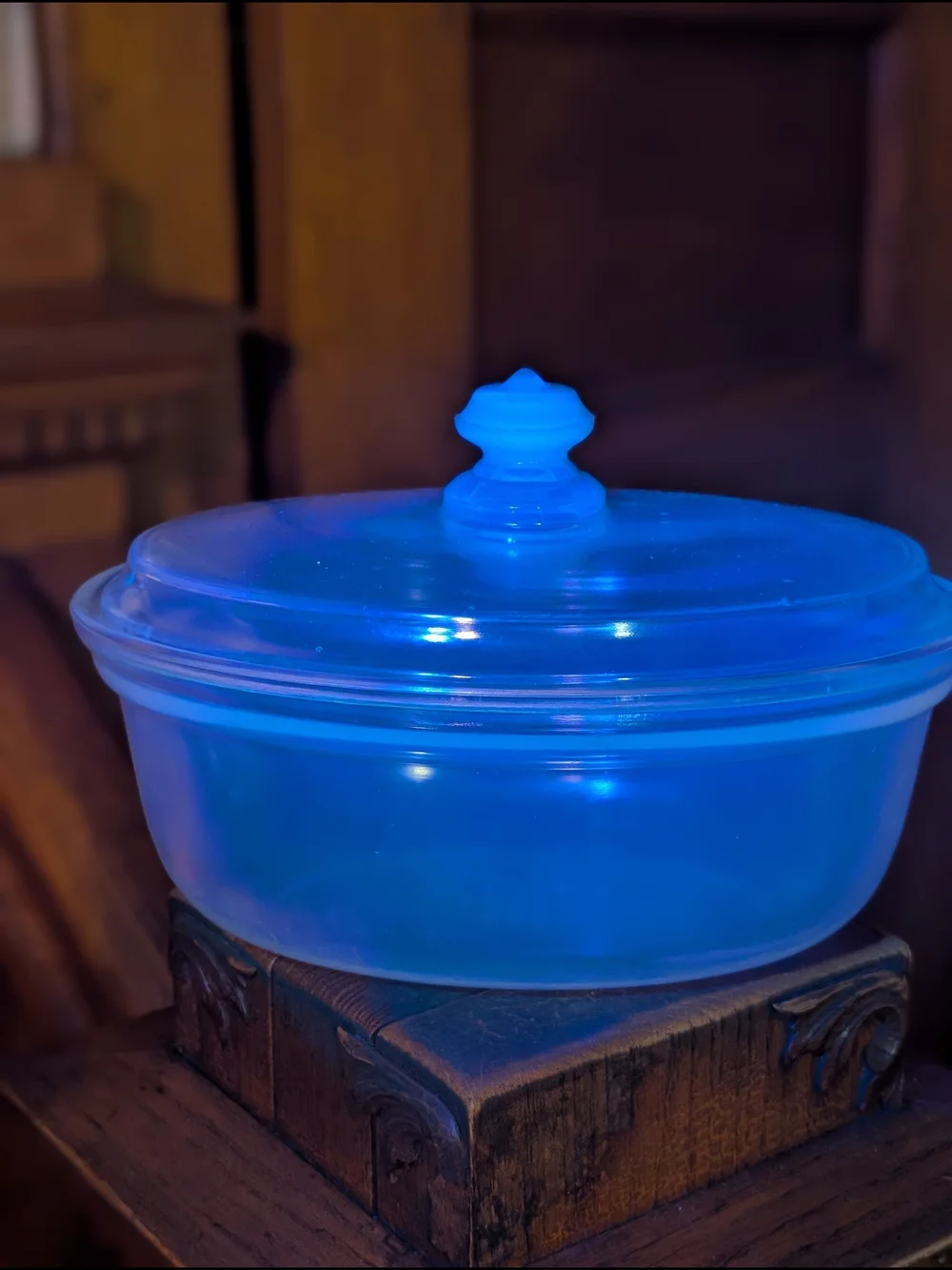 Rare Antique 1920's Fry Opalescent Glass Ovenware Casserole Bowl w Lid Glows UV